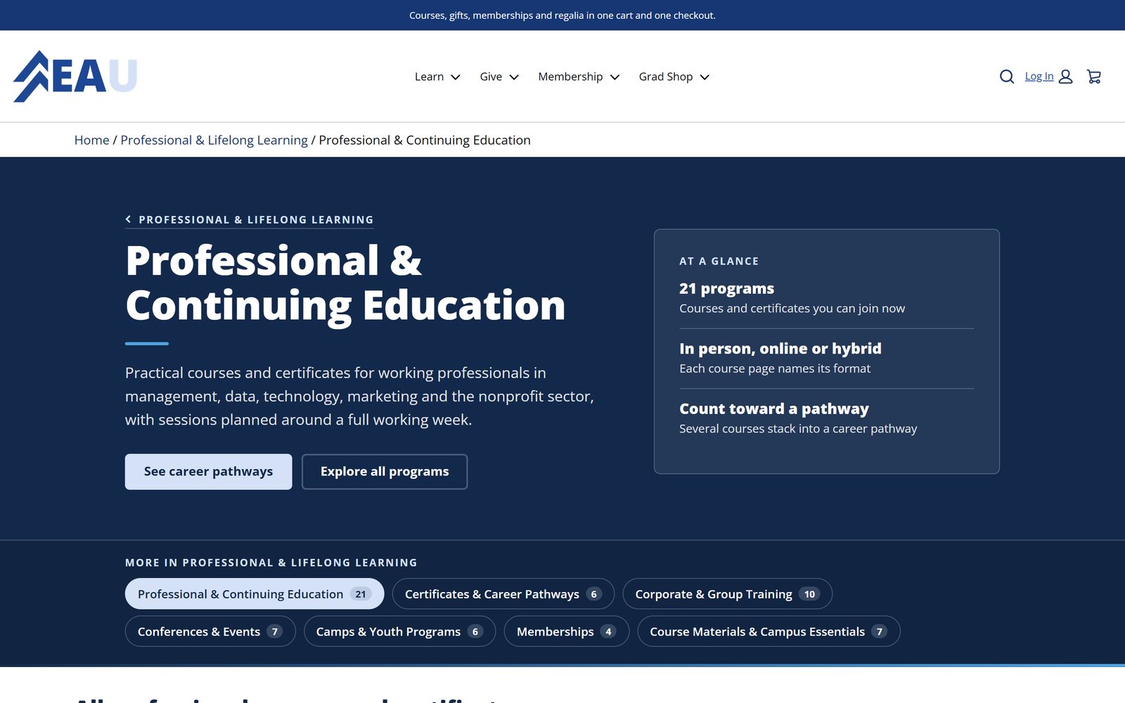 Professional and continuing education landing page on the EAU storefront