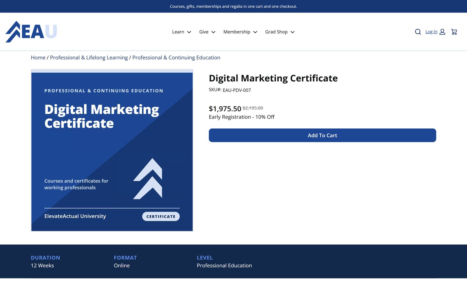 Certificate product page with early registration pricing